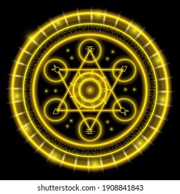 Golden Magic circle ring, Magic Spell Ring Sparkle, incantation circle, Superpower. horoscope circle on dark background.
