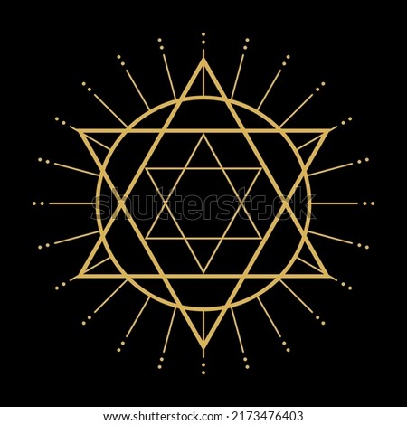 Golden magic circle with star of david and ray light flat vector icon design.