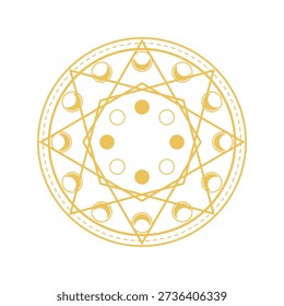 Golden magic circle symbol showing a complex esoteric design with celestial elements, representing mystical rituals, spirituality, and ancient occult concepts