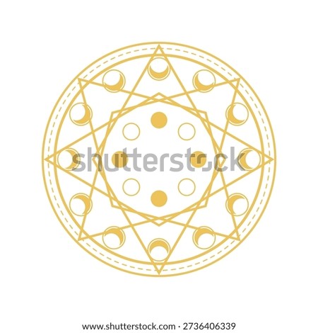 Golden magic circle symbol showing a complex esoteric design with celestial elements, representing mystical rituals, spirituality, and ancient occult concepts