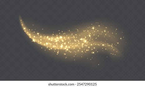 Golden magic cloud with sparkles, stardust sparkling decoration. Glowing glitter smoke trail. Vector illustration.