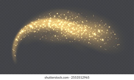 Golden magic cloud with sparkles, stardust sparkling decoration. Glowing glitter smoke trail.