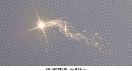 Golden magic comet light effect with lots of sparkling bokke and shimmering light effects. Magic golden wind for web design and fairytale decoration. vector	