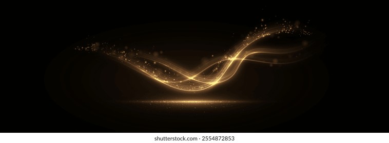 Golden magic comet light effect with lots of sparkling bokke and shimmering light effects. Magic golden wind for web design and fairytale decoration. vector	