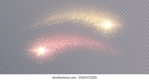 Cometa mágico dorado con muchos efectos de luz brillante de polvo brillante. Viento dorado mágico para el Diseño web y la decoración fabulosa. Vector 	