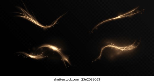 Golden magic comet with many sparkling bright shimmering light effects. Magic golden swirl for web design and fairy decoration vector png