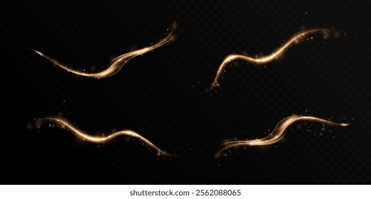 Golden magic comet with many sparkling bright shimmering light effects. Magic golden swirl for web design and fairy decoration vector png