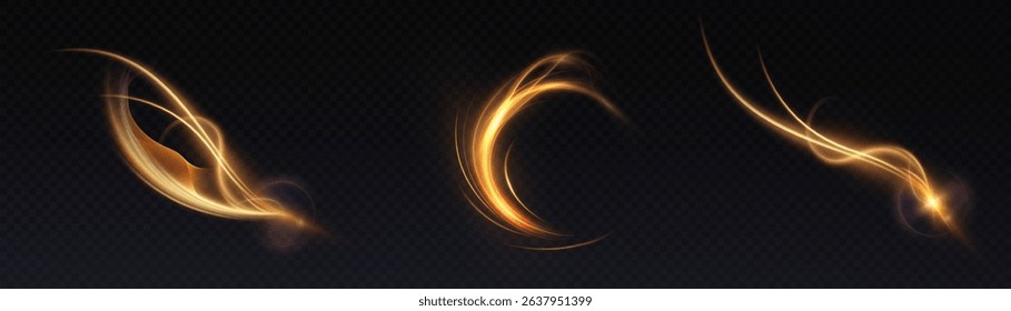 Golden magic comet with many sparkling bright shimmering light effects. Magic golden swirl for web design and fairy vector png