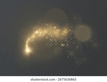 Cometa mágico dourado com muitas partículas de poeira cintilantes e efeitos de luz cintilantes. Efeito de luz vetorial para plano de fundo escuro.	