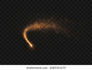 Golden magic comet with many sparkling dust particles and shimmering light effects. Vector light effect for dark background.	
