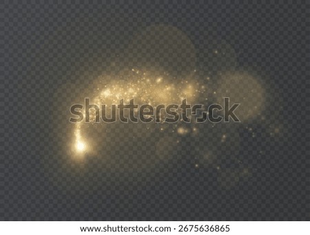 Golden magic comet with many sparkling dust particles and shimmering light effects. Vector light effect for dark background.	