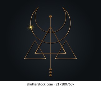 Luna de Creciente Magia Dorada. Símbolo de la deidad vikingüe, Geometría sagrada celta, logotipo de oro, triángulos esotéricos de alquimia. Ilustración vectorial del objeto de ocultismo espiritual aislada en el fondo negro