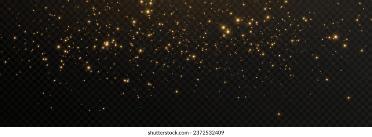 Golden magic dust png. Light effect. Magic glow. Spraying glowing particles png. Christmas glowing background.