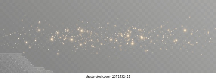 Golden magic dust png. Light effect. Magic glow. Spraying glowing particles png. Christmas glowing background.