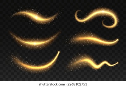 Recorrido mágico dorado de polvo, brillo dorado y luz estelar. Conjunto vectorial de ondas de efecto de brillo. Giro mágico, gilipollas con brillantes chispas voladoras. Trato de varas, hechizo, mago o hada brillante relámpago