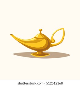 Golden magic lamp. Fable. Arabian Fairy tale. Success. Wealth concept. Cartoon vector illustration. Three wishes. East culture