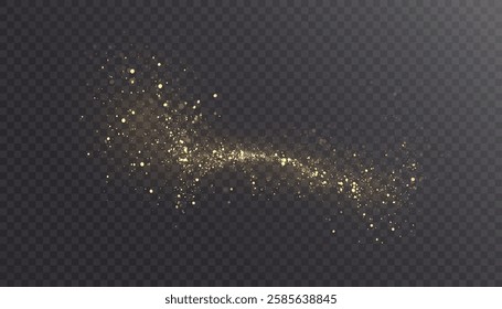Golden magic light effect of glowing dust cloud with many sparkling bokke and shimmering light effects. Magic golden explosion. Vector