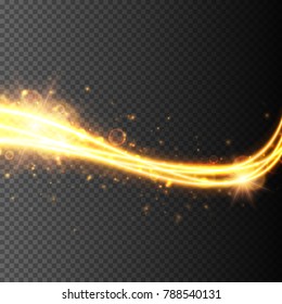 Golden magic light effect isolated. Vector glowing curve trail with twinkle particles.