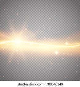 Golden magic light effect isolated. Vector glowing curve trail with twinkle particles.