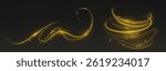 Golden magic light trails on black background. Shiny gold dynamic waves with sparkling stardust effect. Glowing magical curved lines - elegant festive decoration. Fantasy luxury design elements.