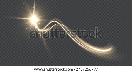 Golden magic light wave trail with bright star flare and sparkling dust on transparent background. Perfect for fairy tale designs, fantasy posters, logo reveals, luxury product highlights