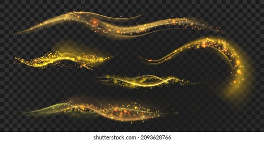 Olas mágicas doradas con polvo de estrellas, brillo y destellos. Pista de cometa dorada brillante con partículas. Juego de vectores de efecto de brillo de Navidad. Ilustración de luz dorada mágica, rastro brillante
