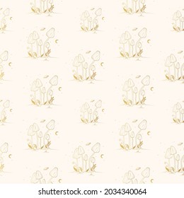 Golden magic mushroom seamless pattern. Gold Celestial fungi background.