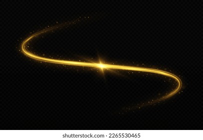 Golden magic sparkle trail. Glowing wavy lines on transparent background. Luminous wavy comet effect.