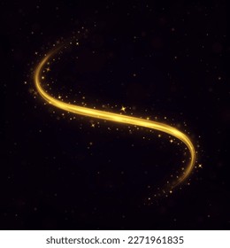 Golden magic sparkle trail. Glowing wavy lines on transparent background. Luminous wavy comet effect.