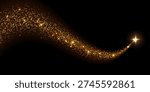Golden magic star light effect. Gold glitter trail with glowing star. Star trail curved stream from glowing particles with star on dark background. Festive vector illustration.