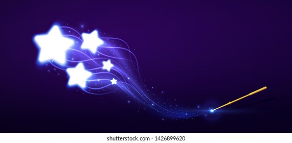 Golden magic wand, flying stars spell. Vector illustration.