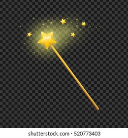 Golden Magic Wand with Star on Transparent Background Symbol of Magic, Imagination and Witchcraft. Vector illustration