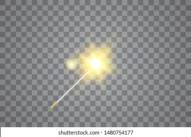 Golden Magic wand. Vector illustration. Isolated on transparent background.