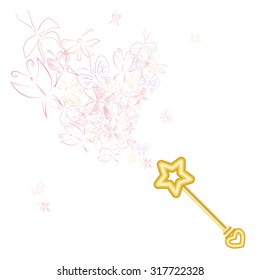 Golden magic wand vector illustration with beautiful butterflies flying around it. Children book illustration, background, visualized magic