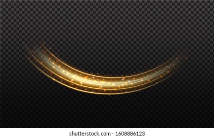 Golden magic wave. Gold trail isolated on transparent background. Luminescent wave with bright bokeh and sparkles