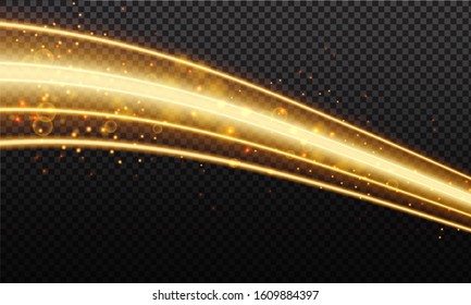 Ola mágica dorada. Pista dorada aislada sobre fondo transparente. Ola luminiscente con bokek brillante y chispas