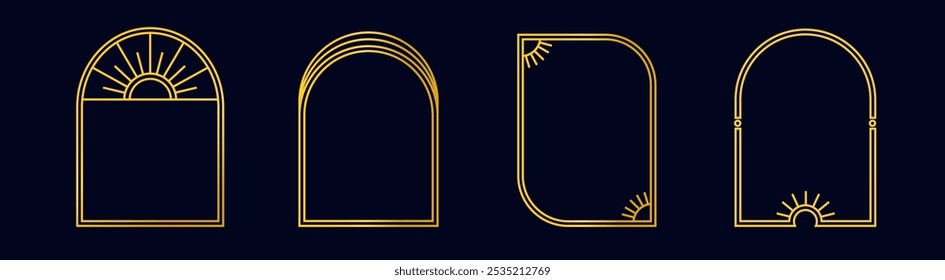 Golden magical arches with sun designs and patterns. Decorative arch for interiors set against a midnight background.