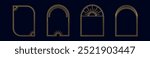 Golden magical arches with sun ornament and patterns. Decorative arch for interior on a midnight background.