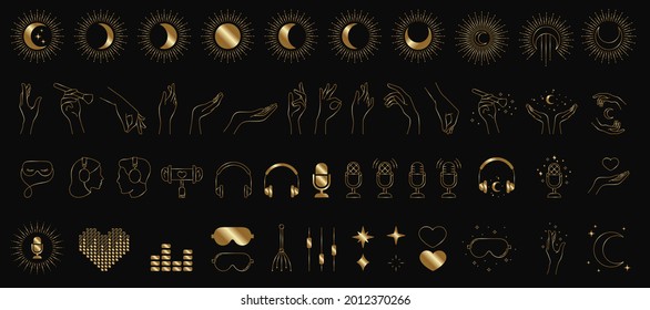 golden magical asmr icons and logos, minimalistic vector illustrations