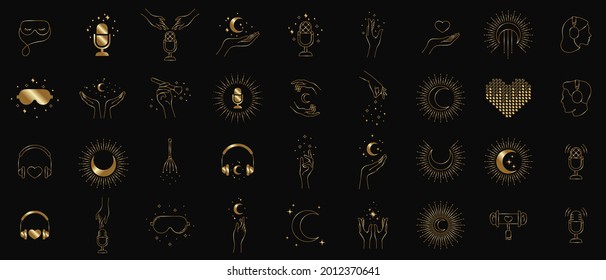 golden magical asmr icons and logos, minimalistic vector illustrations