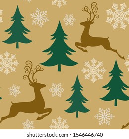 Golden Magical Christmas Seamless Pattern, Deer Winter Surface Pattern, Reindeer Vector Repeat Pattern for Home Decor, Textile Design, Fabric Printing, Stationary, Packaging, or Background
