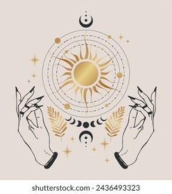 Golden magical poster with woman hands, sun, stars and moon, boho illustration. Vector hand drawing