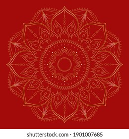 golden magical symmetric mandala gradient on red background for contemplation and meditation