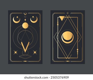 Golden magical tarot cards with geometric shapes, stars and crescents. Mystery, astrology, alchemy. Vector illustration