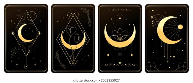 Golden magical tarot cards set decorated with crescents and stars. Mystery, astrology, alchemy. Vector illustration