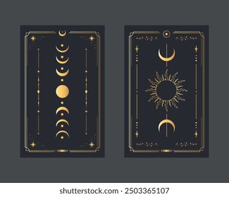 Golden magical tarot cards Sun and Moon. Mystery, astrology, alchemy. Vector illustration