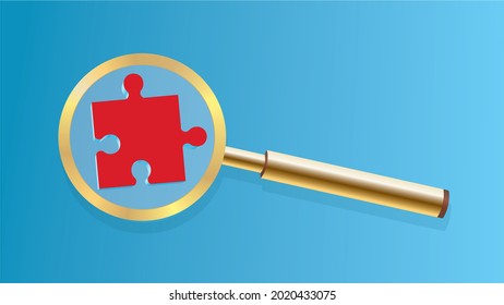 Golden magnifying glass and red puzzle piece. Dimension 16:9. Vector illustration.