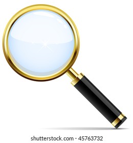 Golden magnifying glass vector icon isolated on white.