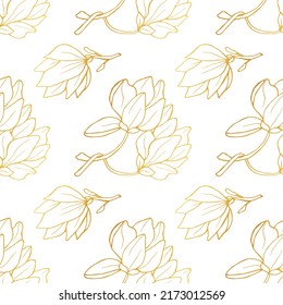 Golden Magnolia seamless pattern. Hand drawn vector illustration for wrapping paper, textile and background.