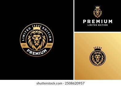 Silueta de la cabeza de la cara del león majestuoso de oro con la corona del rey para el diseño del logotipo del sello de la insignia de la marca de lujo real de Premium